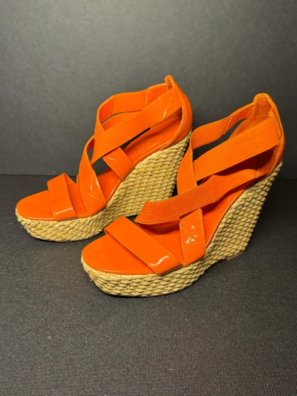 Curations Orange Patent Raffia Platform Wedge Sandals 6M Tropical Resort